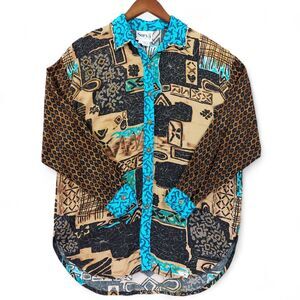 Surya Womens Shirt Multicolor Sz M Rayon Tribal Beaded Collar Button Down Casual